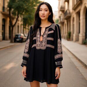 Free People Wind Willow Embroidered Tassel Tie Dress XS